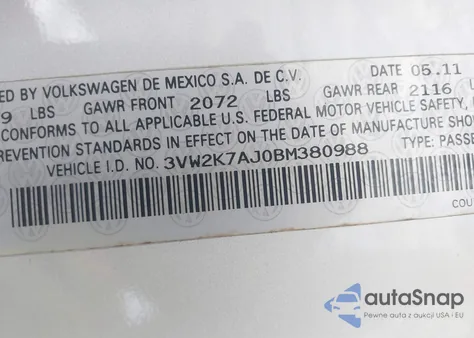 2011 Volkswagen Jetta 2.0L S from USA, damaged, VIN 3VW2K7AJ0BM380988